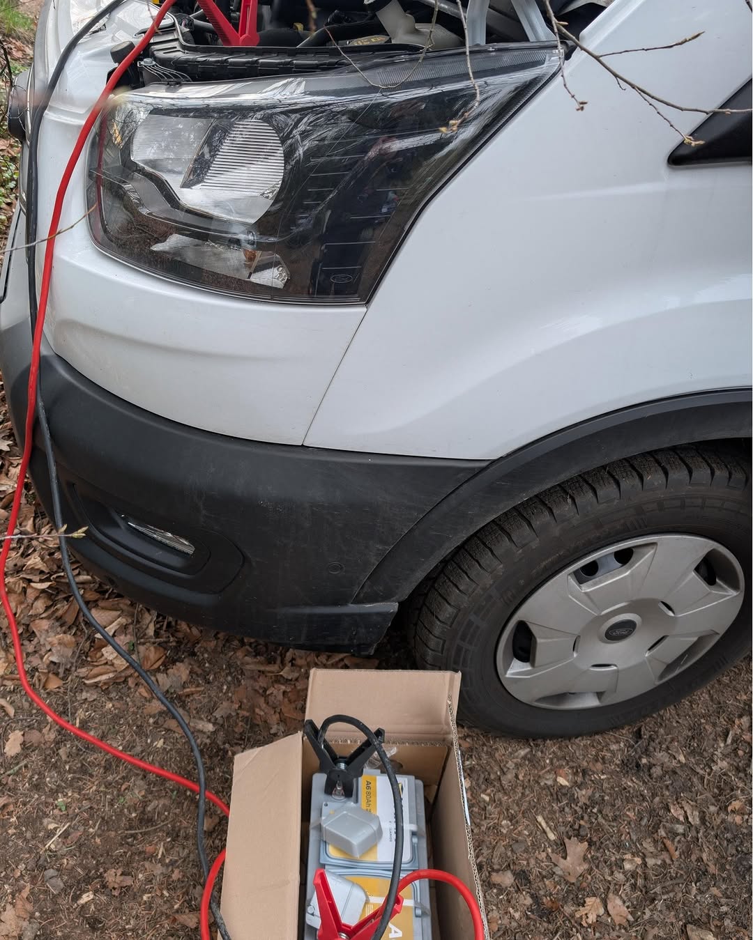 Batteriewechsel am Firmenfahrzeug mit Starthilfekabeln